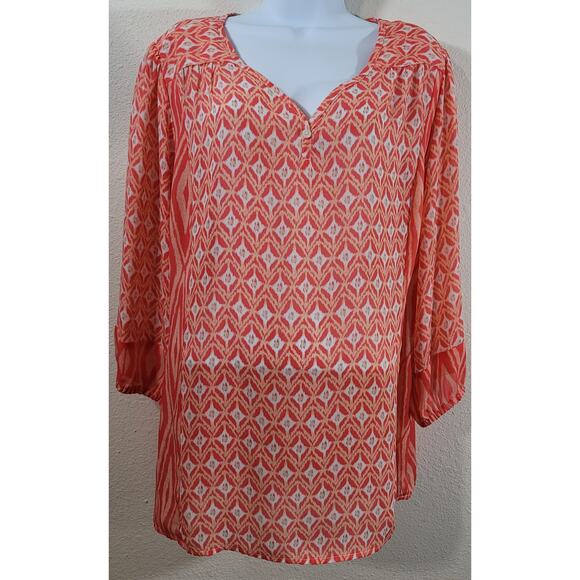 Dressbarn Orange White V Neck Top 2X Plus Lightweight Soft Flowy Pleated - Picture 1 of 6